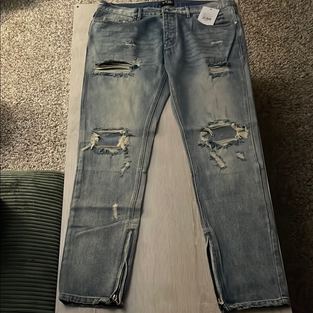 Slim Straight Blue Jeans with Distressed Ripped Knees
